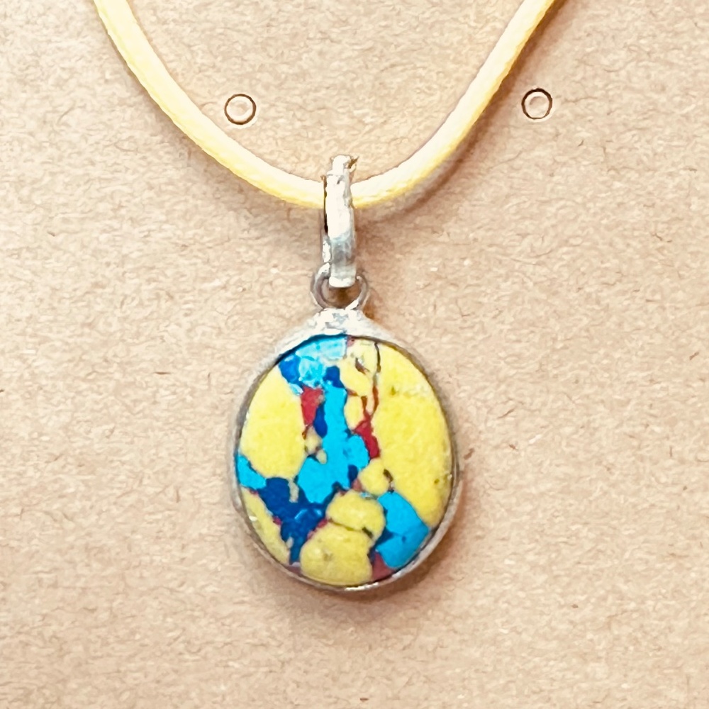 Mosaic Jasper Stone. Yellow, Blue, Purple & Red Oval Pendant EUC